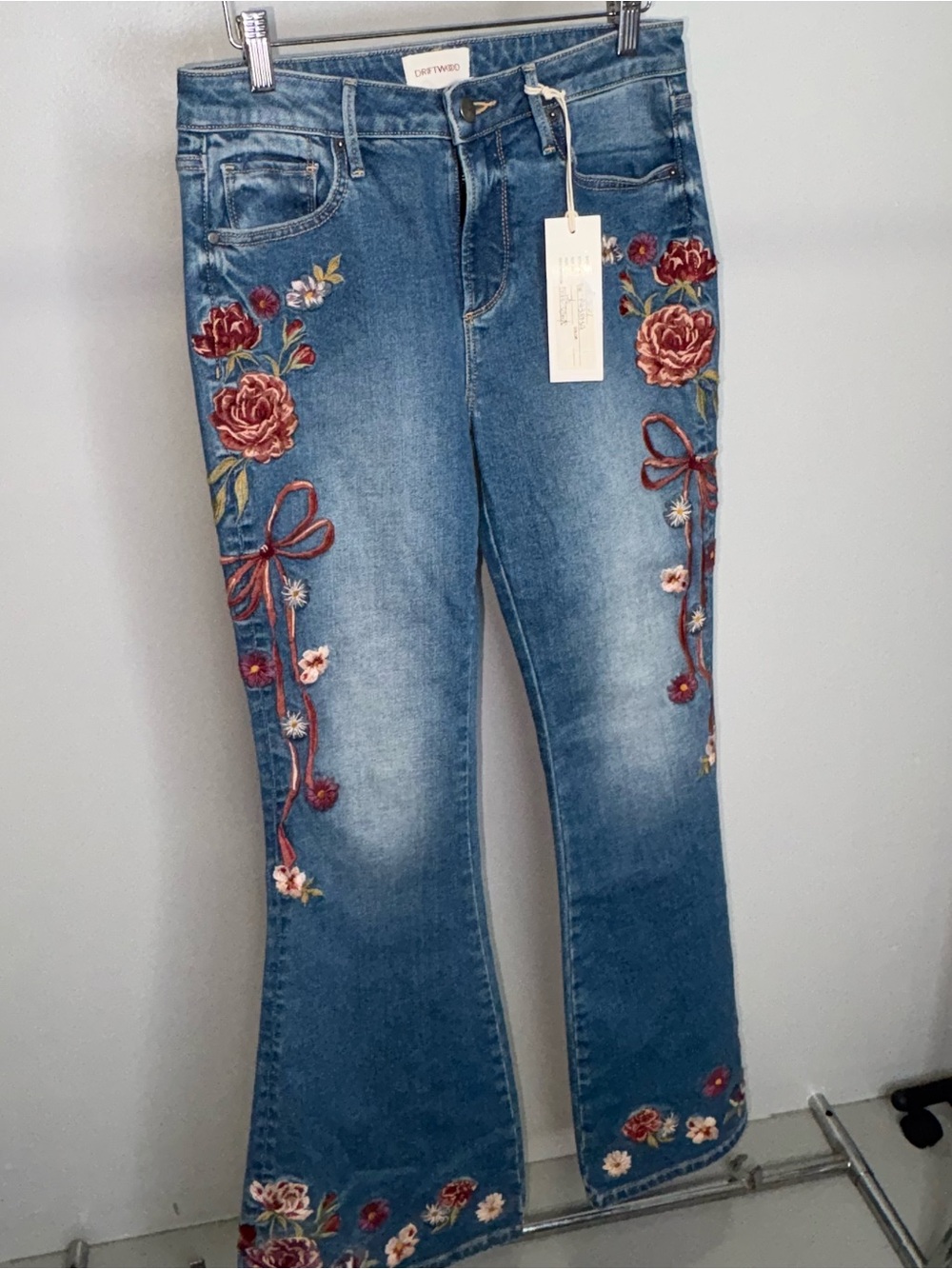 DRIFTWOOD Blue Flare Jeans with Red Floral Embroidery